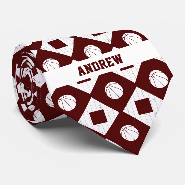 Maroon Basketball Wood Floor Argyle Pattern Tie (Rolled)