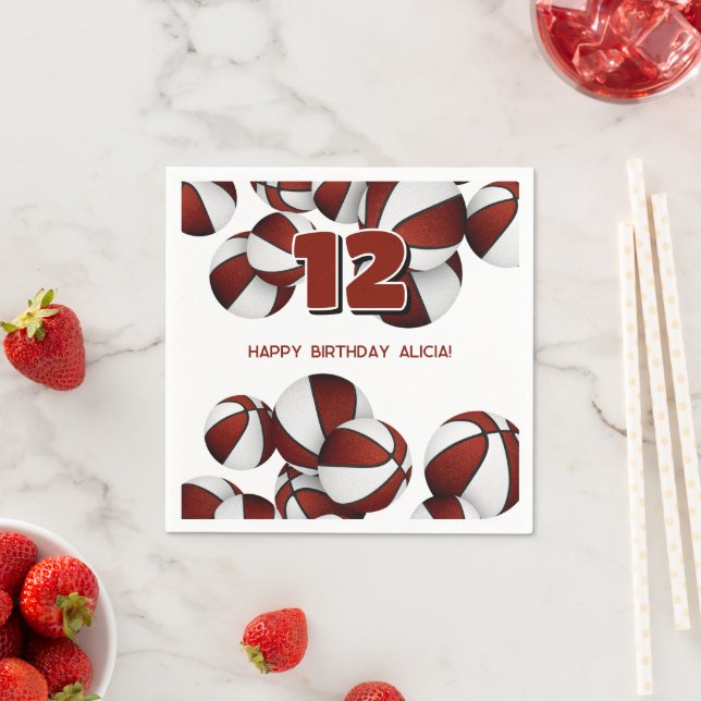 maroon basketballs girls boys sports party napkin (Insitu)