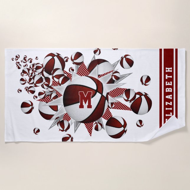 maroon basketballs stars girls monogrammed beach towel (Front)