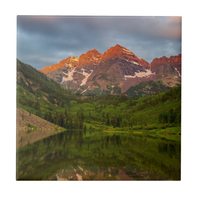 Maroon Bells Reflect Into Calm Maroon Lake 3 Tile (Front)