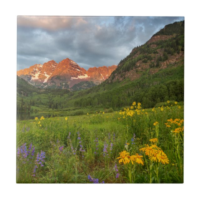 Maroon Bells Reflect Into Calm Maroon Lake Tile (Front)