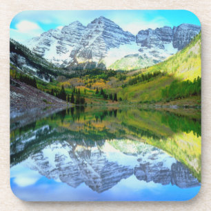 Maroon Bells reflecting in Maroon Lake Coaster