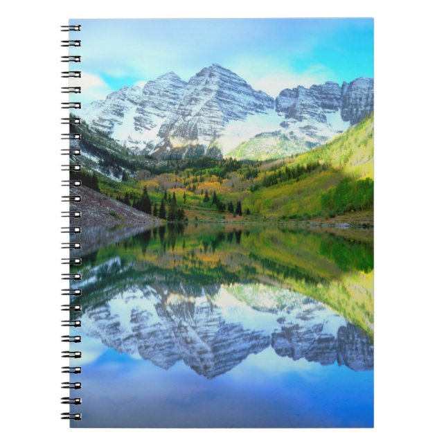 Maroon Bells reflecting in Maroon Lake Notebook (Front)