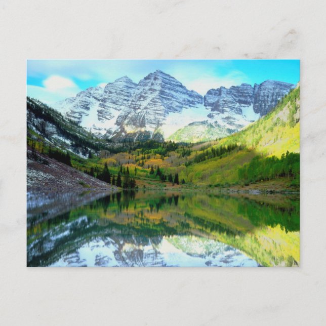 Maroon Bells reflecting in Maroon Lake Postcard (Front)