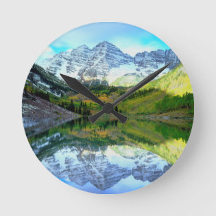 Maroon Bells reflecting in Maroon Lake Round Clock