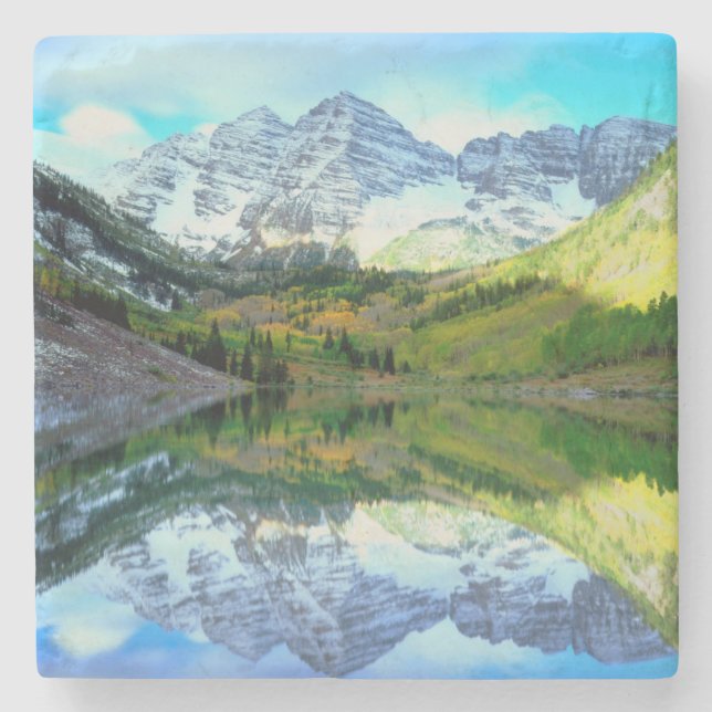 Maroon Bells reflecting in Maroon Lake Stone Coaster (Front)