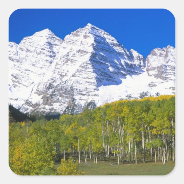 Maroon Bells with autumn aspen forest. Square Sticker (Front)