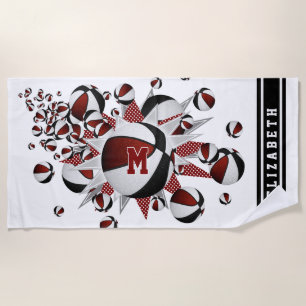 maroon black basketballs stars girls monogrammed beach towel