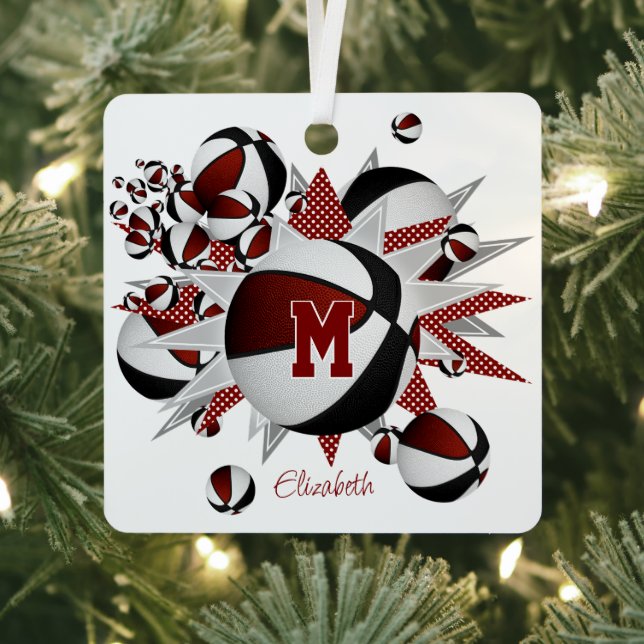 Maroon black basketballs stars personalized  metal ornament (Insitu)