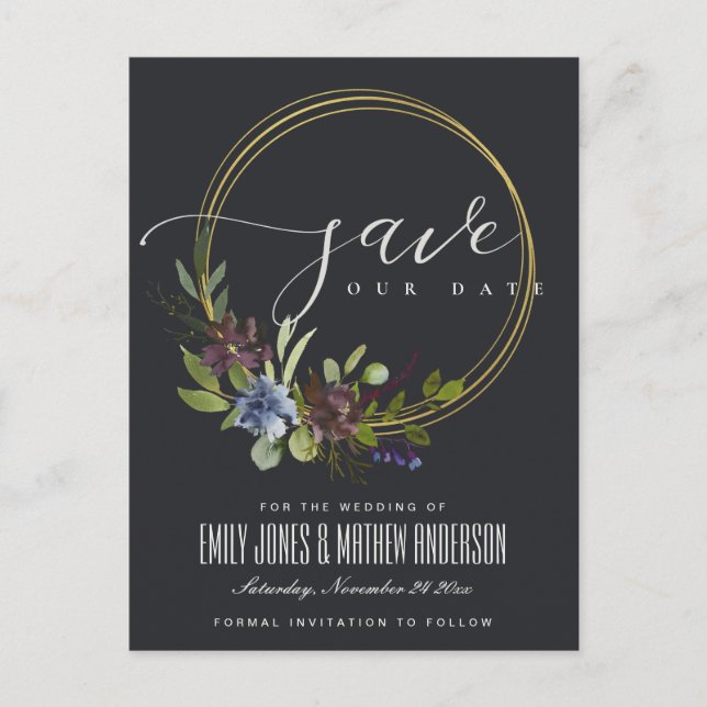 MAROON BLACK BLOOM FOLIAGE WREATH SAVE THE DATE ANNOUNCEMENT POSTCARD (Front)