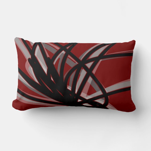 Maroon Black & Grey Abstract Ribbon Design Lumbar Pillow (Front)