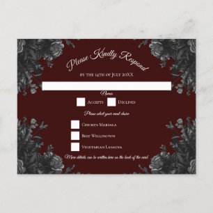 Maroon Black Grey Roses Gothic Wedding RSVP Reply Holiday Postcard