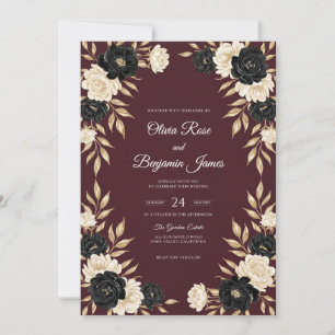 Maroon Black Ranunculus Eucalyptus Wedding Invitation