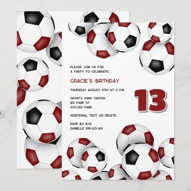 maroon black soccer balls kids birthday invitation (Front/Back)