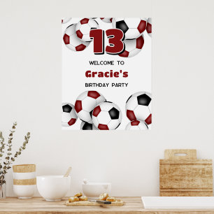 maroon black soccer balls kids birthday party poster