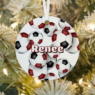 maroon black soccer balls sports keepsake metal ornament
