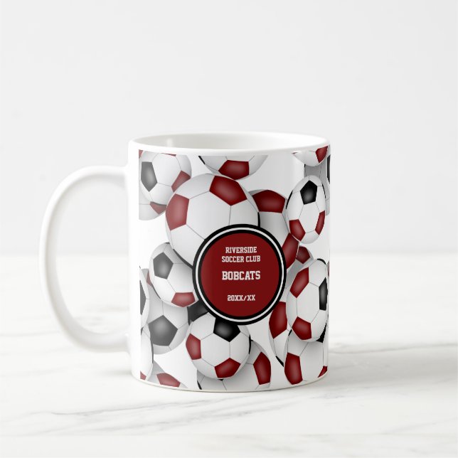 Maroon black soccer team colours gift for coach coffee mug (Left)