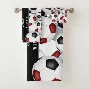 maroon black team colours Lots of soccer balls Bath Towel Set