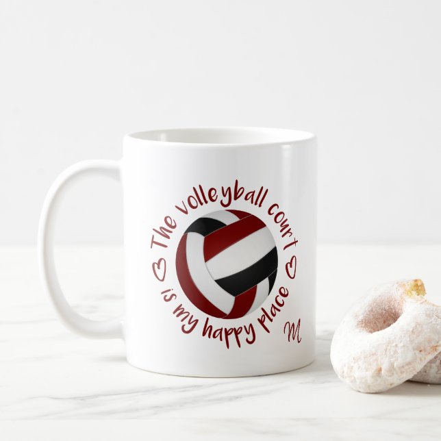 maroon black volleyball court my happy place coffee mug (With Donut)