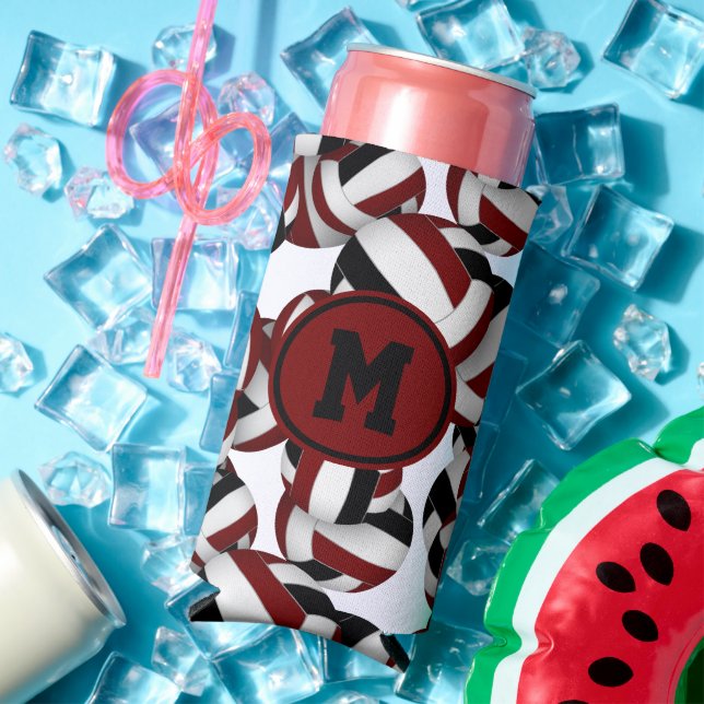 Maroon black volleyballs pattern w player monogram seltzer can cooler (In Situ Summer)