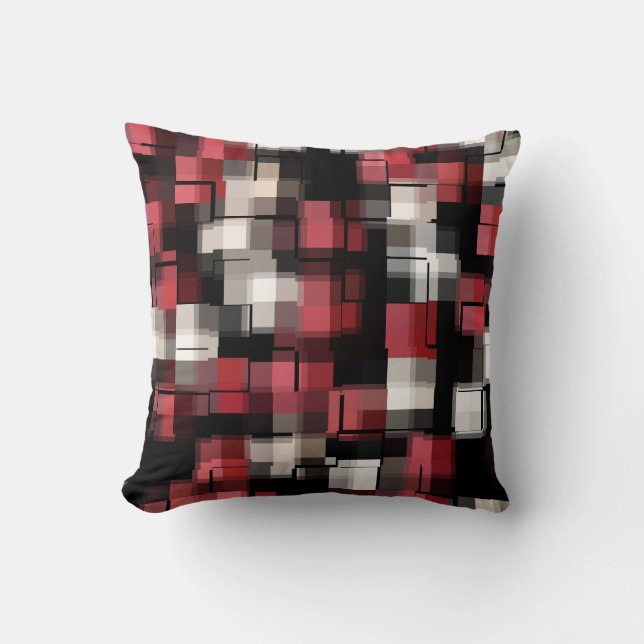 Maroon Black White Abstract Plaid Throw Pillow (Front)