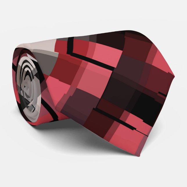 Maroon Black White Abstract Plaid Tie (Rolled)