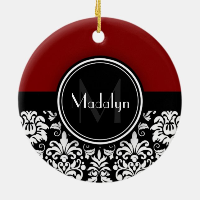 Maroon Black White Damask Monogram Letter Ceramic Ornament (Back)