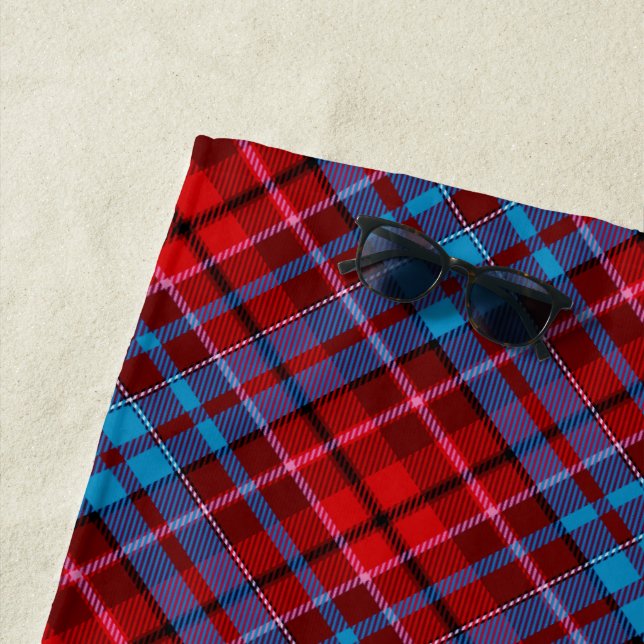 Maroon Blue Red Plaid Tartan Design  Beach Towel (In Situ)