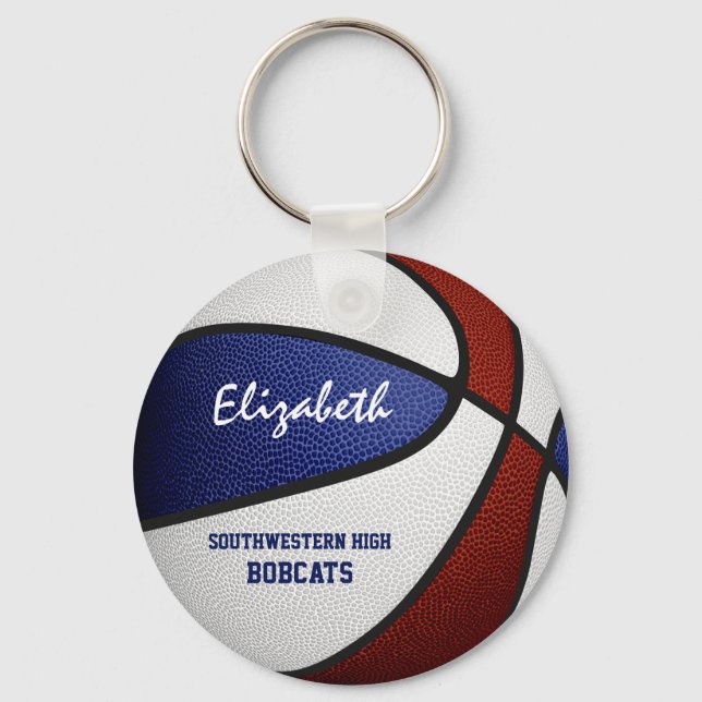 Maroon blue team colours girls boys basketball keychain (Front)