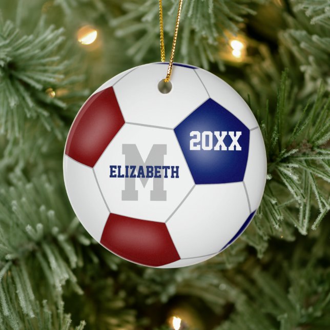 Maroon blue team colours keepsake soccer ceramic ornament (Tree)
