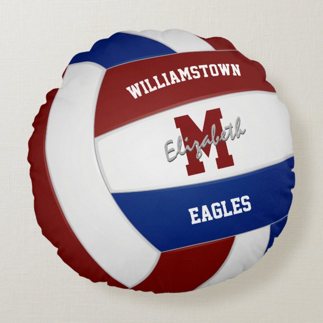 Maroon blue team colours kids volleyball round pillow (Front)