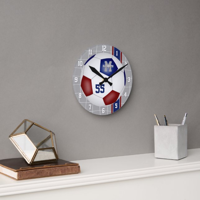 Maroon blue team colours varsity stripes soccer round clock (Office)