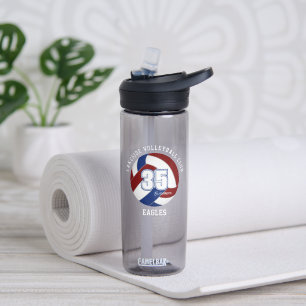 Maroon blue volleyball team colours athlete name water bottle