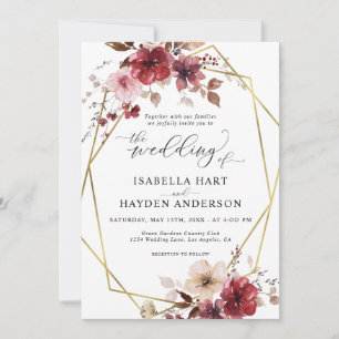 Maroon Blush Beige Floral Gold Frame Wedding Invitation