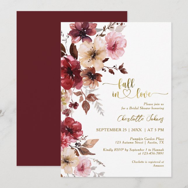 Maroon Blush Fall In Love Gold Boho Bridal Shower Invitation (Front/Back)