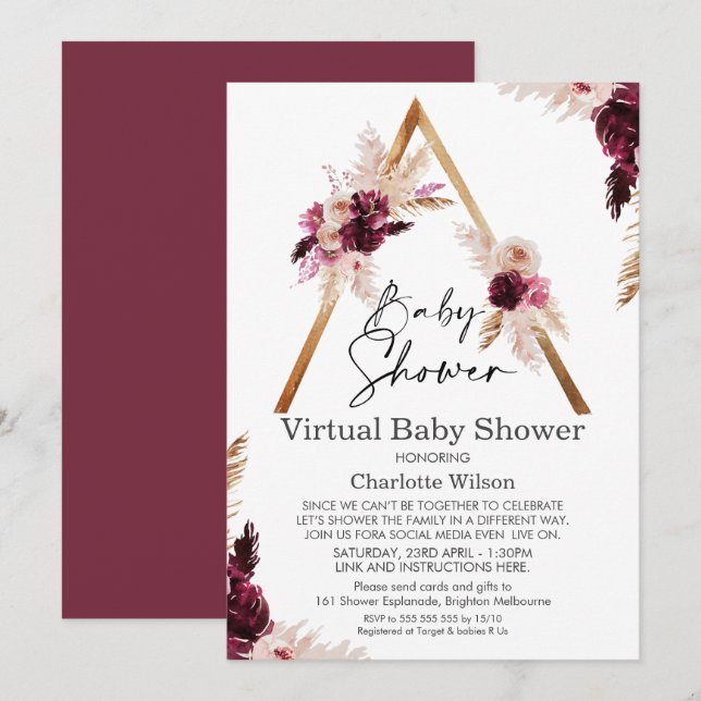 Maroon Boho Pampas Virtual Baby Shower Invitation (Front/Back)