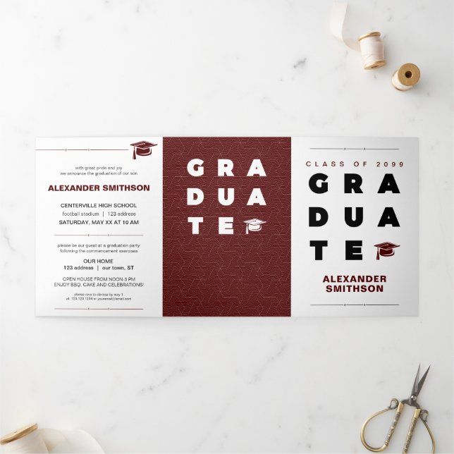 Maroon Bold GRADUATE Letters and Cap Graduation Tri-Fold Announcement (Outside)