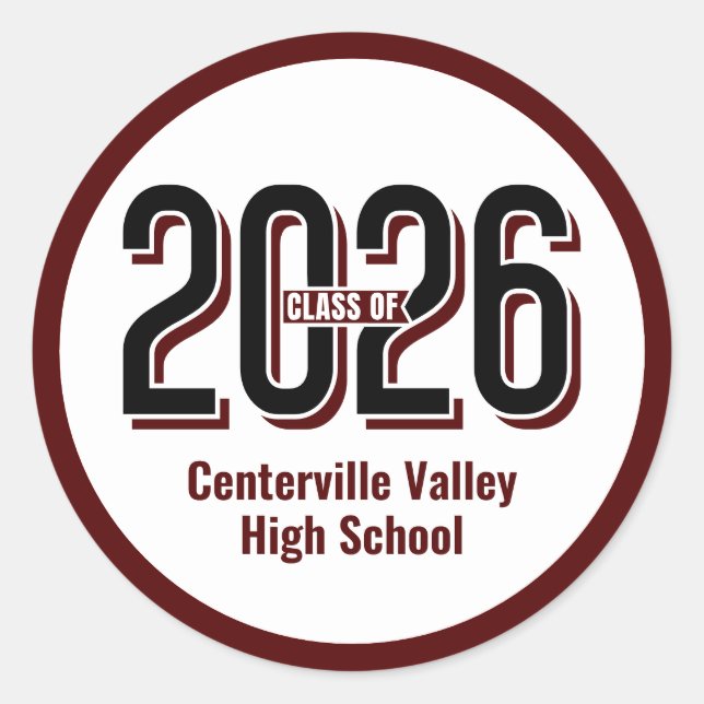 Maroon Bold Shadowed Numbers Class of 2026 Classic Round Sticker (Front)
