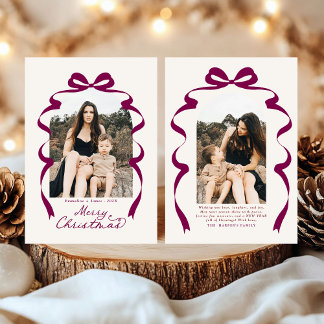 Maroon Bow Photo Merry Christmas Arch Holiday Card