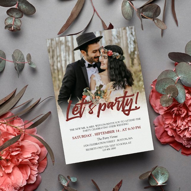 Maroon Brush Script Let's Party Photo Wedding Invitation (Creator Uploaded)