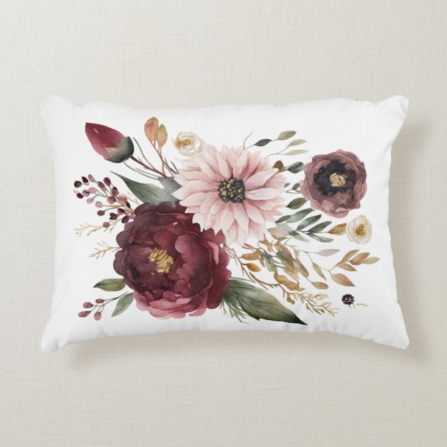 Maroon Burgundy Blush Pink Floral Watercolor Accent Pillow (Front)