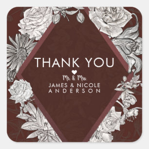 Maroon Burgundy Diamond Vintage Flowers Wedding Square Sticker