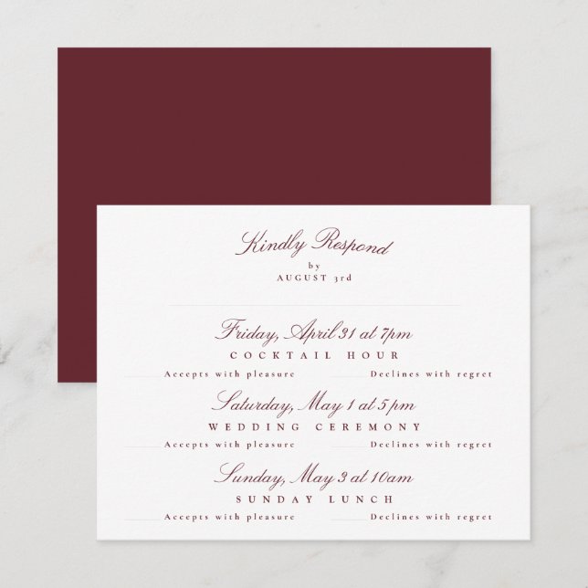 Maroon Burgundy Elegant Calligraphy multi-event RSVP Card (Front/Back)