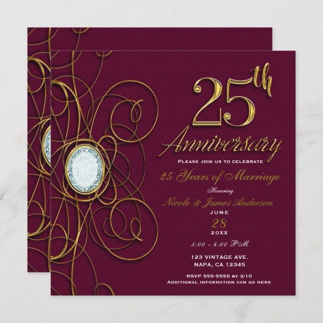 Maroon Burgundy & Gold Diamond 25 25th Anniversary Invitation (Front/Back)