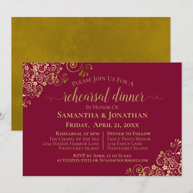 Maroon Burgundy & Gold Wedding Rehearsal & Dinner Invitation (Front/Back)