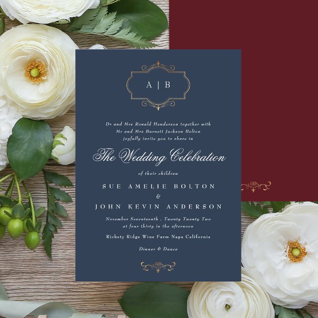 maroon burgundy navy blue white classic wedding invitation (Creator Uploaded)