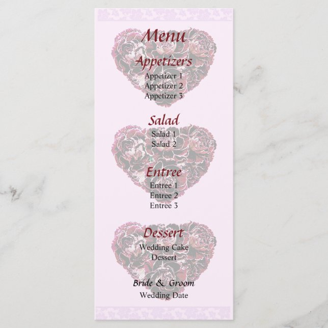 Maroon Carnation Heart Pink Bkgrnd Wedding Menu (Front)