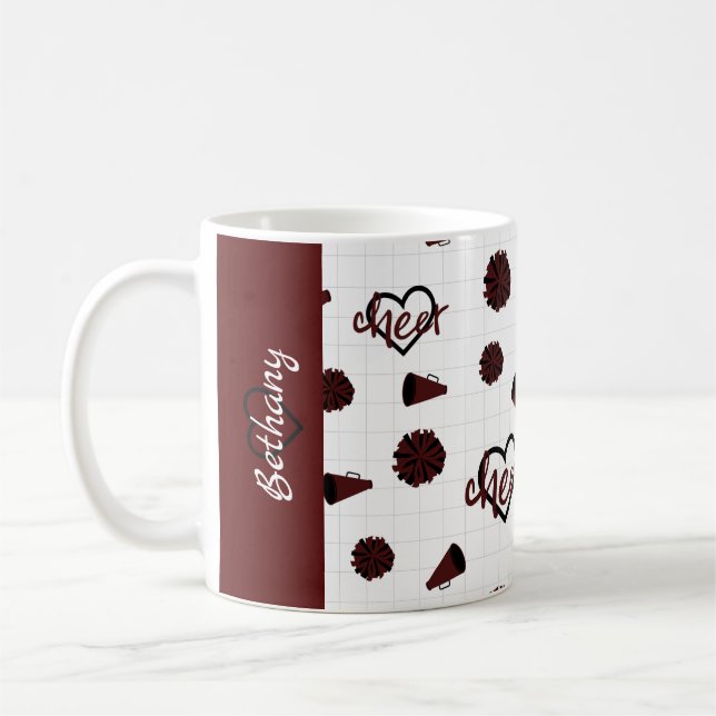 Maroon Cheer Hearts, Pom Poms, Megaphone Pattern Coffee Mug (Left)