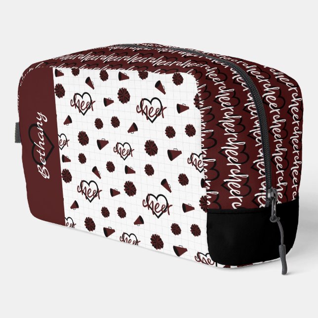 Maroon Cheer Hearts, Pom Poms, Megaphone Pattern Dopp Kit (Right Corner)