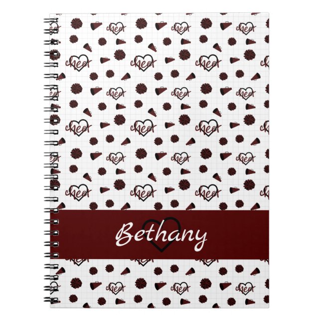 Maroon Cheer Hearts, Pom Poms, Megaphone Pattern Notebook (Front)